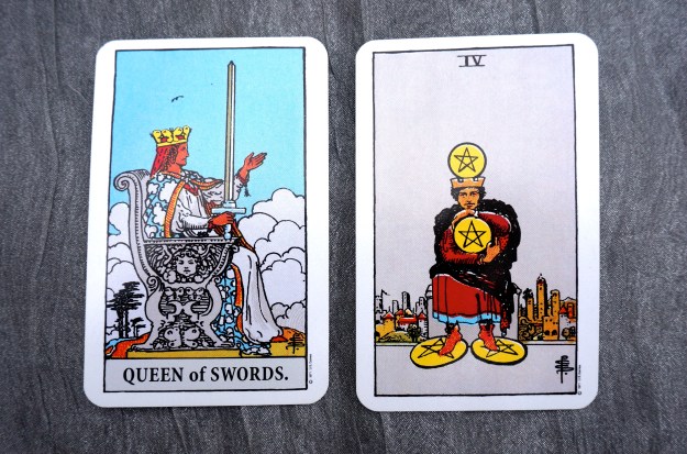 Queen of Swords & 4 of Pentacles