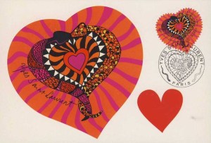 Colorful hearts with two snakes entwined to make one layer of the heart.