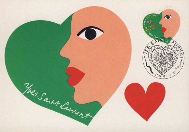 Yves Saint Laurent Valentine's Stamp with a woman's profile on a green heart.
