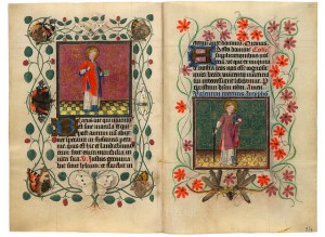 two vellum pages that are illuminated and in Latin